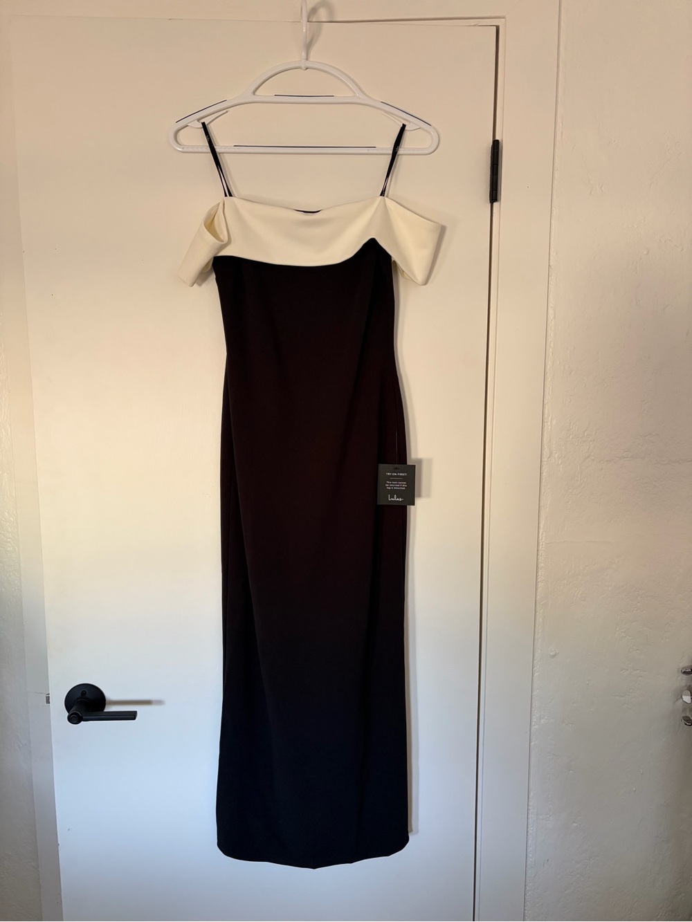 Lulu's Off-the-Shoulder Black Bodycon Dress with Cream Folded Neckline